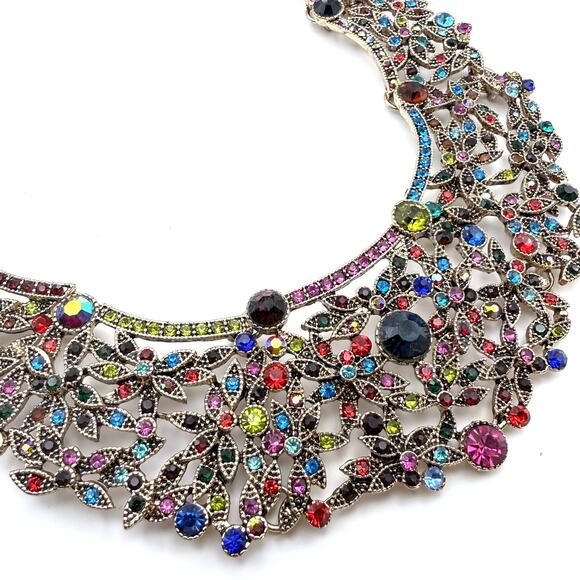 NATASHA Rhinestone Bib Necklace Floral Multicolor Crystal Goldtone Statement 19" - Picture 3 of 7